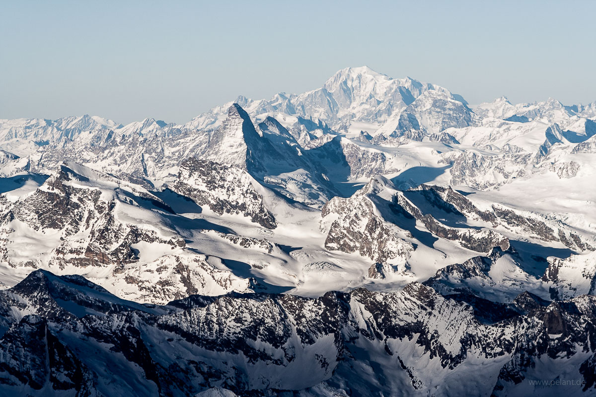 Aerial view of Matterhorn and Mont Blanc mountains