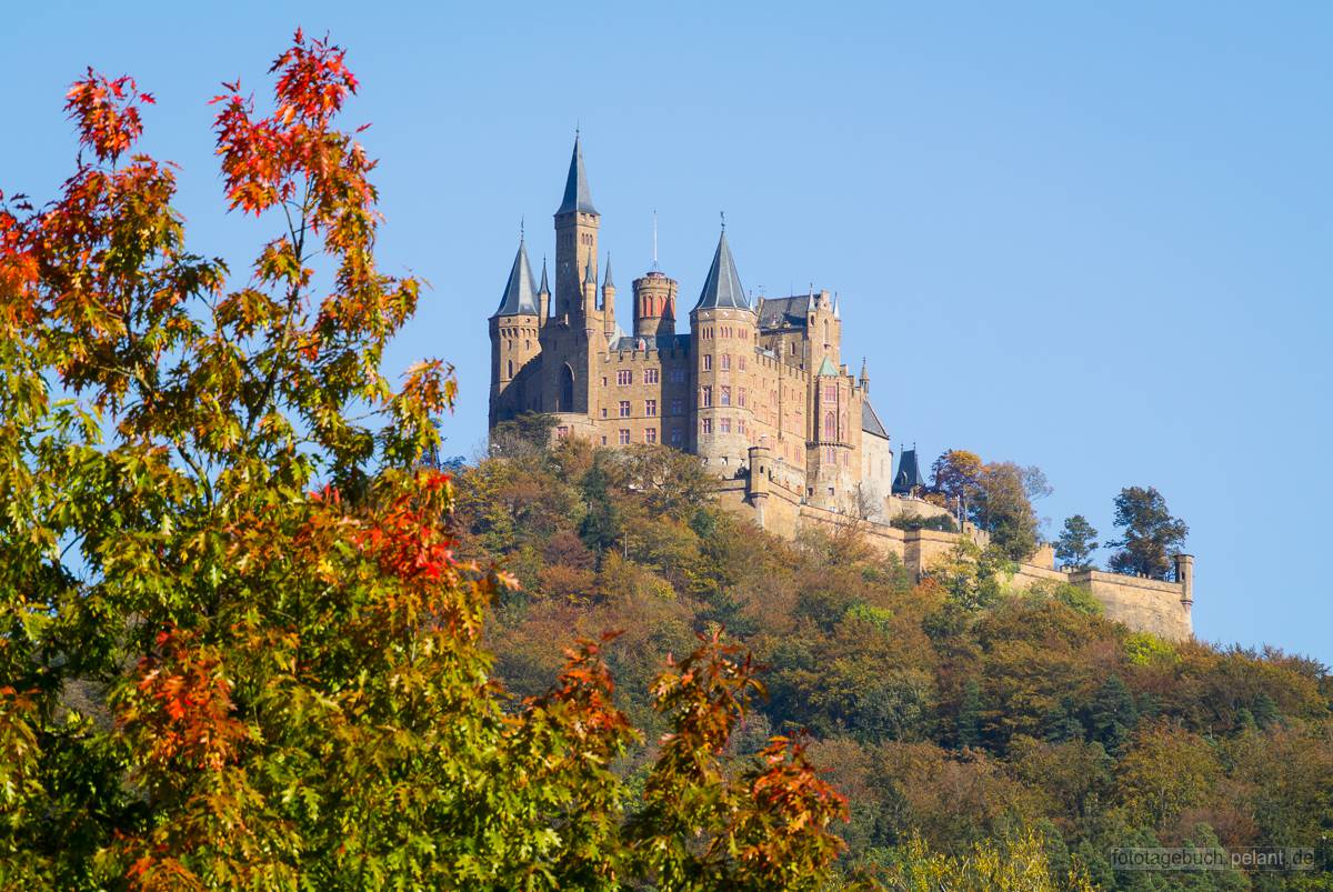 Burg Hohenzollern mit farbenfrohem Herbstlaub
