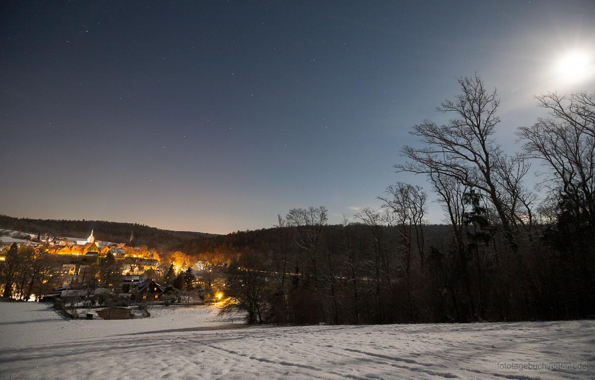 Blick auf Bebenhausen in einer Vollmondnacht im Winter