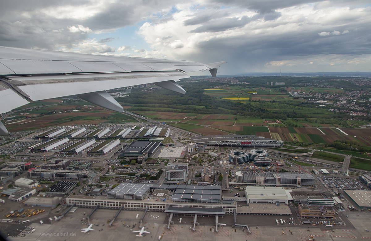 Aerial view of Stuttgart airport and trade fair centre