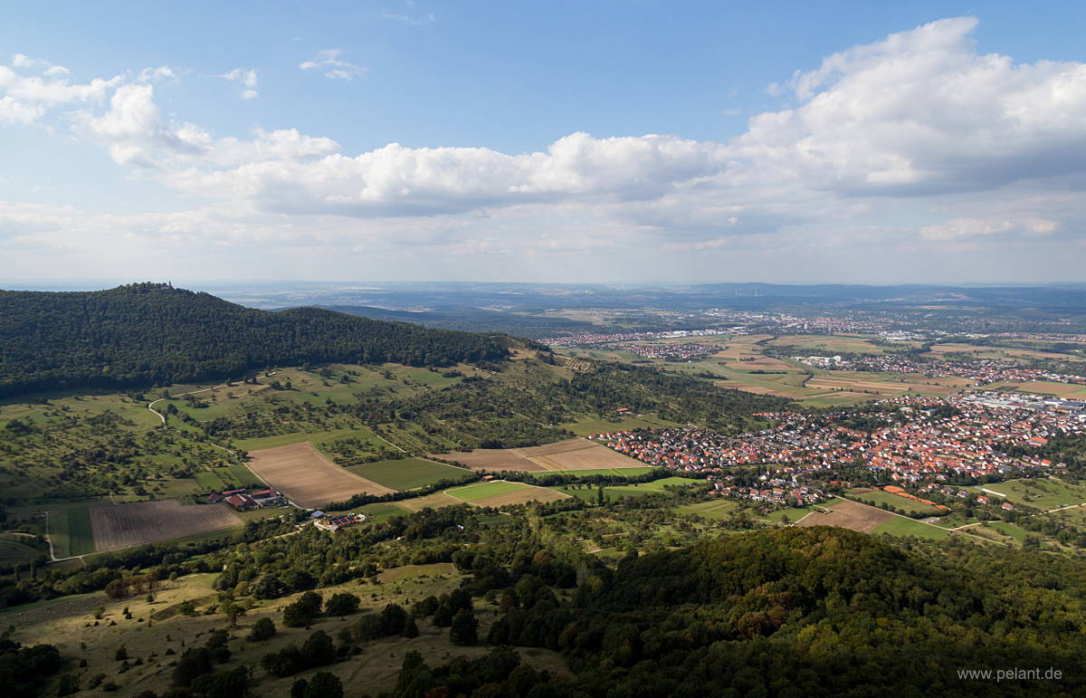 View from Breitenstein mountain of Schwbische Alb of Teck castle and Bissingen