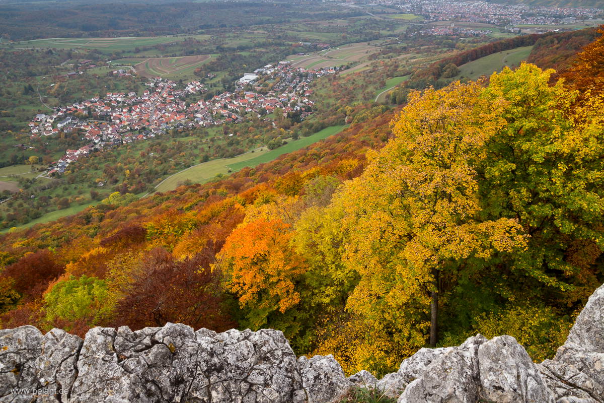 view from Wiesfels over Glems and the autumn forest at the edge of the Schwbische Alb