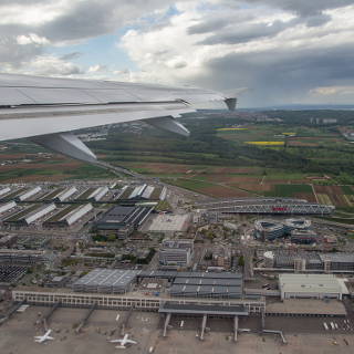 Aerial view of Stuttgart airport and trade fair centre