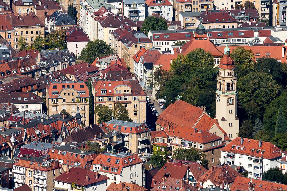View from Stuttgart's television tower of the Heusteigviertel district and the Markuskirche church