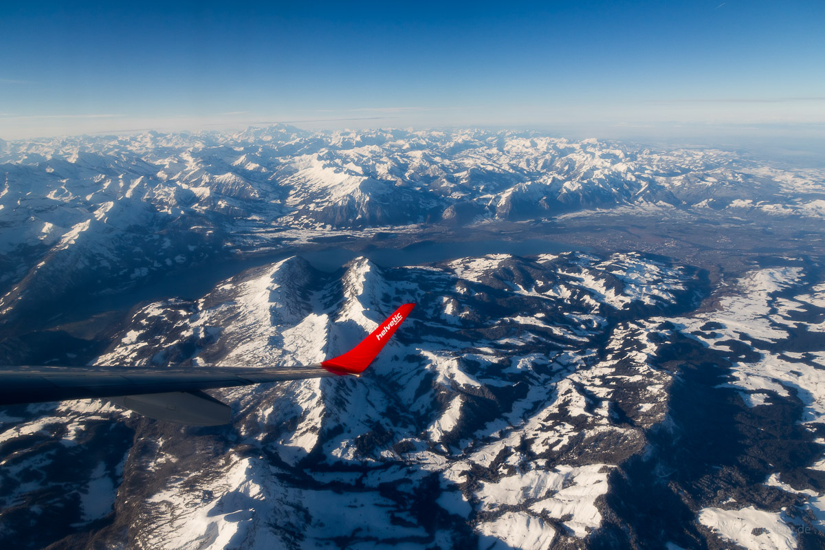 Aerial view of Lake Thun and Swiss Alps