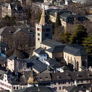 View from the Tourbillon of the Cathdrale Notre-Dame de Sion and the old town of Sion, Switzerland