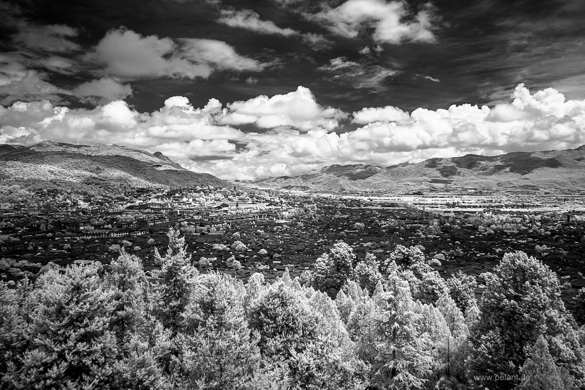 black-and-white infrared photograph of the old town of Lijiang, China