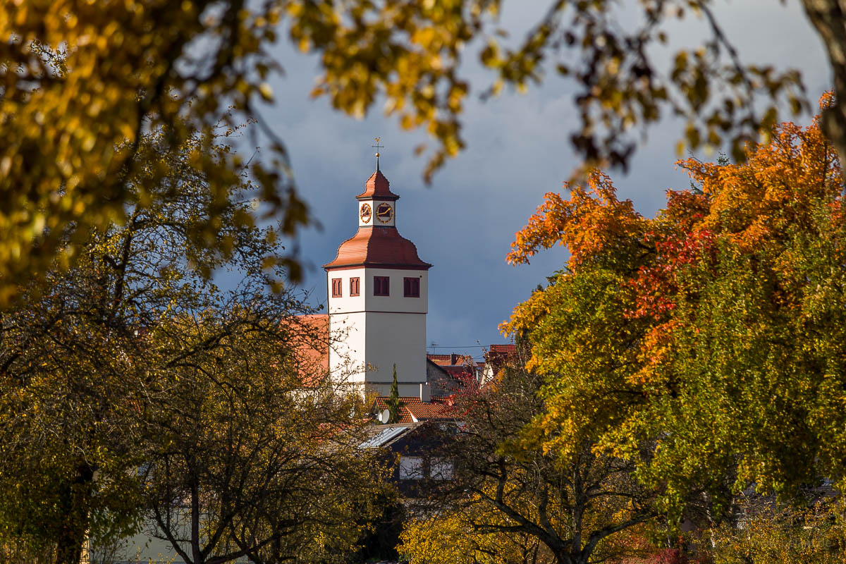 view through orchard of the church tower of Grabenstetten